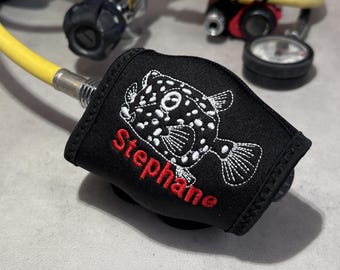 Custom SCUBA Regulator Cover – Neoprene Second Stage Protector with a Box fish & Personalized Text – SCUBA Diving Gift