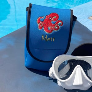 Personalisierte Neopren-Tauchmaskentasche - Benutzerdefinierte Oktopus-Stickerei, Tauchmaskenschutzhülle mit Tasche für Cert Card oder Schlüssel