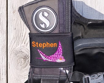 Eagle ray personalized BCD name strap | Custom made with your name or text | Great SCUBA gift | Embroidered BCD name tag | Diver present