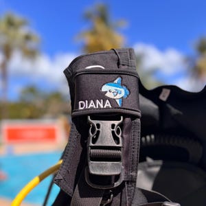 May include: Black scuba diving gear with a blue and white embroidered patch that says "DIANA" and a cartoon fish.