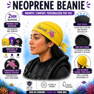 May include: Yellow neoprene beanie with the name "Sarah" and a pink turtle design. The beanie is personalized and available in yellow, purple, and black. Features include vent holes, grip dots, and ties for a custom fit. The text says "Neoprene Beanie".