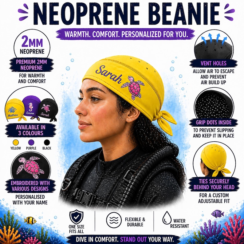 May include: Yellow neoprene beanie with the name "Sarah" and a pink turtle design. The beanie is personalized and available in yellow, purple, and black. Features include vent holes, grip dots, and ties for a custom fit. The text says "Neoprene Beanie".