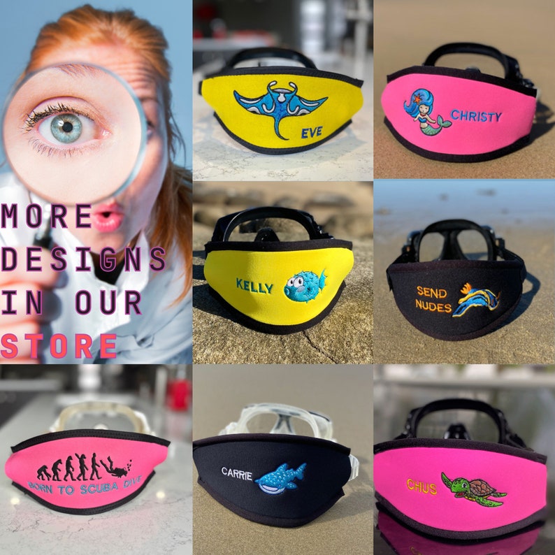 May include: A collection of scuba mask covers in various colors, including yellow, pink, and black. Each cover features embroidered designs such as a mermaid, a stingray, a pufferfish, and a sea turtle. Some covers have names or phrases like "SEND NUDES". The image also includes the text "MORE DESIGNS IN OUR STORE".
