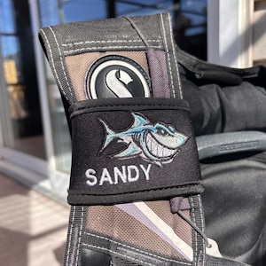 Cool Shark personalized BCD name strap | Custom made with your name or text | Great SCUBA gift | Embroidered BCD name tag | Diver present