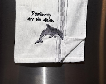 Custom Dolphin on a tea towel, embroidered Dolphin on a hand towel, Great personalized scuba diver gift for the scuba dive, ocean lover