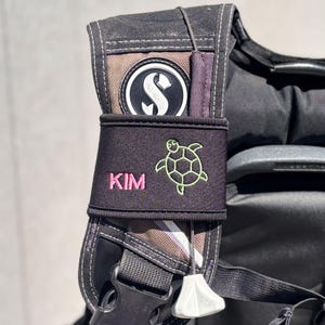 Personalised Turtle BCD name strap | Custom made with your name or text | Great SCUBA gift | Embroidered BCD name tag | Diver present