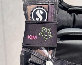 Personalised Turtle BCD name strap | Custom made with your name or text | Great SCUBA gift | Embroidered BCD name tag | Diver present