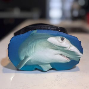 SCUBA dive mask cover featuring a hammerhead shark. Protect your scuba mask from scratches with this protective scuba mask cover.