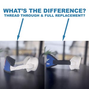 May include: Image comparing two types of sports equipment. The text at the top reads "WHAT'S THE DIFFERENCE? THREAD THROUGH & FULL REPLACEMENT?" The equipment has a blue and white design with the name "Jean" on it.