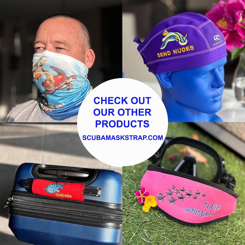 May include: A collage of four images showcasing different products. The top left image shows a blue and green face mask with a turtle design. The top right image shows a purple bandana with the text "Send Nudes" embroidered on it. The bottom left image shows a blue suitcase with a red handle strap that has a whale design and the text "Isabelle" embroidered on it. The bottom right image shows a pink scuba mask strap with the text "Turtle Whisperer" and a design of turtles swimming.