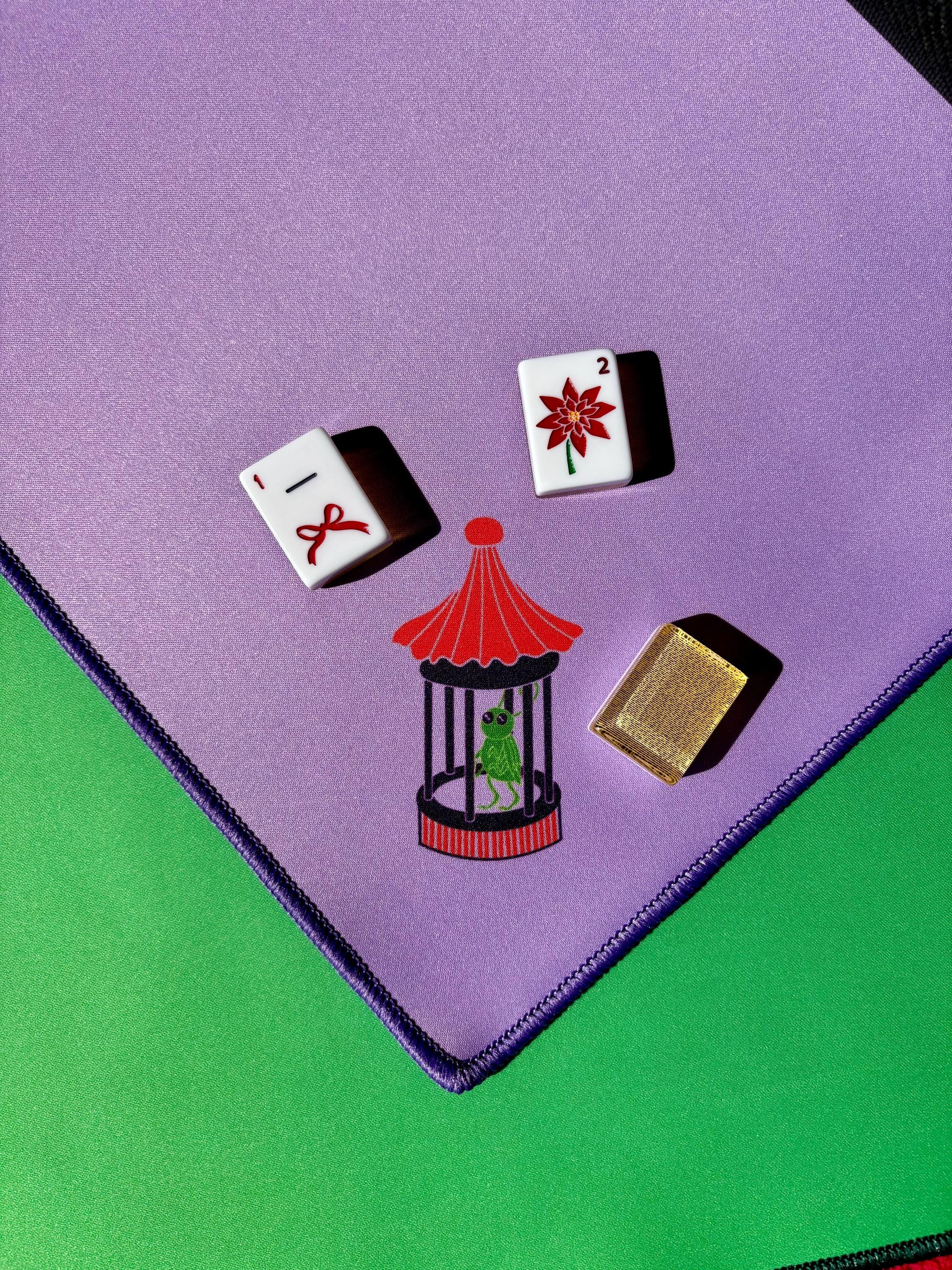 Mahjong mat lavender Lucky Cricket in Cage rubber backed game mat with plum stitching - great for cards, dice, mah jongg mahjong puzzles