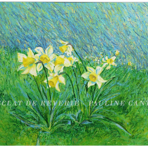 Jonquilles, œuvre originale à l'encre et pastels gras