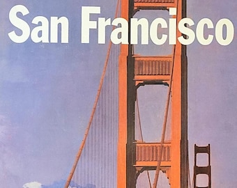 May include: A vintage travel poster advertising United Airlines featuring a red and orange image of the Golden Gate Bridge in San Francisco. The poster has a blue sky with white clouds and a cityscape in the background.
