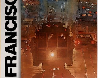 May include: A vintage travel poster advertising Western Airlines with a nighttime scene of a cable car in San Francisco. The poster features a watercolour-style illustration of the city with a cable car in the foreground and a cityscape in the background.