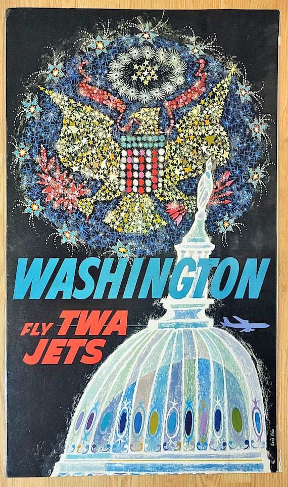 Washington Fly TWA Jets, Original Vintage 1960s Travel Poster - Etsy