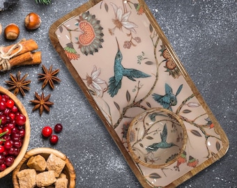 Handgefertigte Servierplatte mit Dip-Schale, ideales Geschenk zu Weihnachten, atemberaubendes Kolibri-Muster