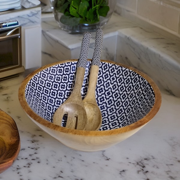 Mango Wood Serving Bowl Set With Spoons Stunning Pattern Ideal Gift Medium SS