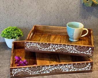 Hand Carved Serving Tray Walnut Solid Mango Wood Ideal Gift Christmas Housewarming Gift