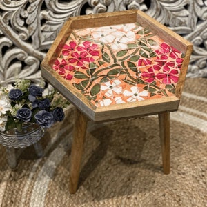 Solid Mango Wood Side Table Large 16" Top Ideal Corner Tray Table Unique Gift Detachable Legs Flat Packed Stunning Mosaic Pattern