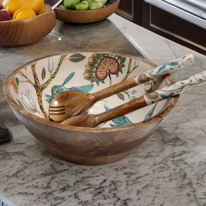 Mango Wood Serving Bowl Set With Spoons Stunning Pattern Ideal Gift Medium HB