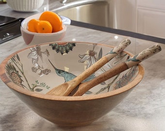 Large Mango Wood Serving Bowl Set With Spoons Stunning Pattern Ideal Gift Hummingbird