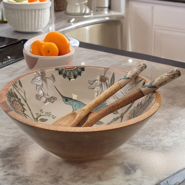 Large Mango Wood Serving Bowl Set With Spoons Stunning Pattern Ideal Gift Hummingbird