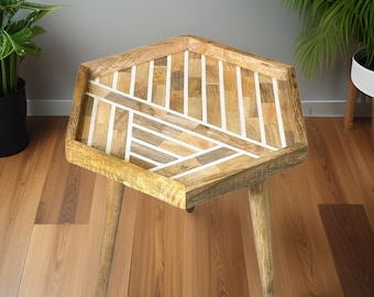 Table d'appoint en bois de manguier massif Table d'angle idéale, cadeau unique, pieds amovibles, grand plateau de table incrusté de rayures de 18 po.
