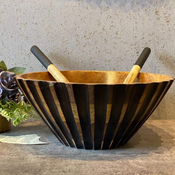 Hand Carved Mango Wood Serving Bowl with Spoons Stunning Mango Wood Ideal Gift Deco Black