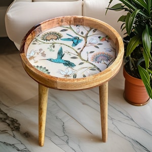 Solid Mango Wood Side Table Ideal Corner Tray Table Unique Gift Detachable Legs Flat Packed Stunning Hummingbird