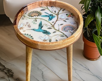 Solid Mango Wood Side Table Ideal Corner Tray Table Unique Gift Detachable Legs Flat Packed Stunning Hummingbird