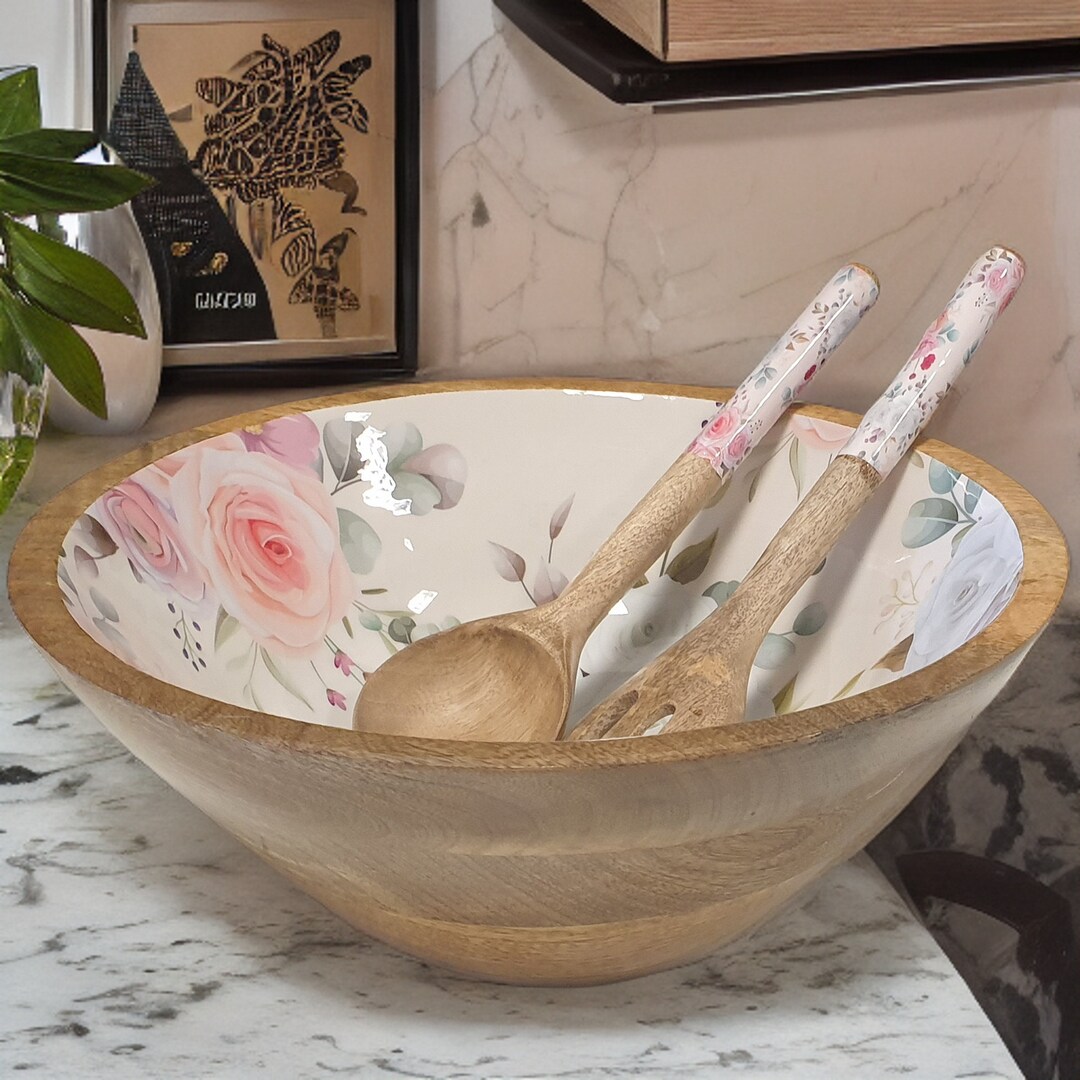 Large Mango Wood Serving Bowl Set With Spoons Stunning Pattern Etsy