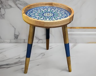 Mesa auxiliar de madera maciza de mango, mesa portátil con bandeja de café, regalo único, patas desmontables, empaquetado plano, impresionante Marrakech, gran superficie impermeable