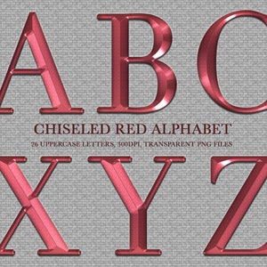 May include: Chiseled red alphabet letters A, B, C, X, Y, and Z. 26 uppercase letters, 300dpi, transparent PNG files.