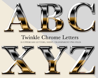 Twinkle Chrome Letters PNG Clipart,Gold Chrome Alphabet,Silver Chrome Letters,Gold Alphabet,Silver Letters,Metallic Letters,Instant Download