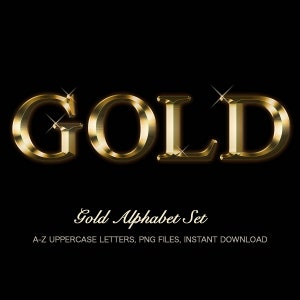 Gold Chrome Letters, A-Z Gold Chrome Alphabet, Gold Chrome PNG, Gold Clipart, Gold Letters, Instant Download, Metallic Gold Letters, Clipart