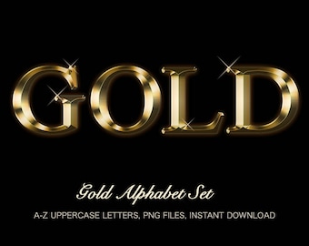Gold Chrome Letters, A-Z Gold Chrome Alphabet, Gold Chrome PNG, Gold Clipart, Gold Letters, Instant Download, Metallic Gold Letters, Clipart