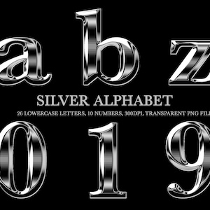 Alfabeto cromado plateado (solo minúsculas), números plateados del 0 al 9, imágenes prediseñadas, letras plateadas, descarga instantánea, letras metálicas, archivos PNG