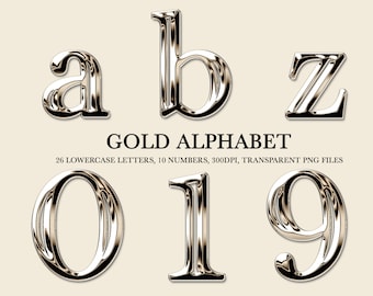Gold Chrome Letters, a-z 26 Gold Chrome Alphabet, 10 Gold Numbers, PNG File, Clipart, Gold Letters, Instant Download, Metallic Gold Letters