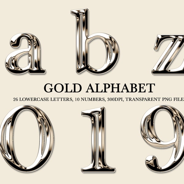 Gold Chrome Letters, a-z 26 Gold Chrome Alphabet, 10 Gold Numbers, PNG File, Clipart, Gold Letters, Instant Download, Metallic Gold Letters