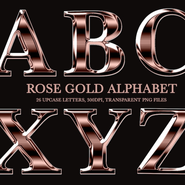 Metal Letters for Web Design Chrome Alphabet PNG Instant Download Clipart, Holiday Digital Rose Gold Chrome Letters for social Media Design