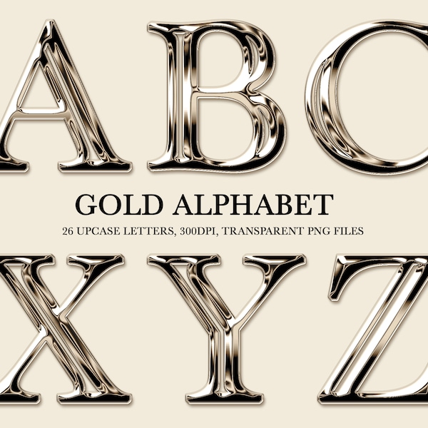 Gold Chrome Letters, A-Z Gold Chrome Alphabet, Gold Chrome PNG, Gold Clipart, Gold Letters, Instant Download, Metallic Gold Letters, Clipart