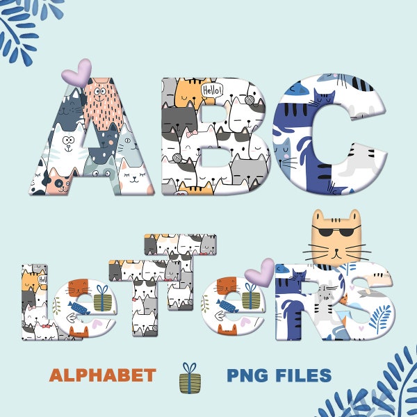 Digital Cat Alphabet Set with Clipart | PNG files | Doodle letters | Cat Doodle name letters | Sublimation monogram alphabet |Cat background