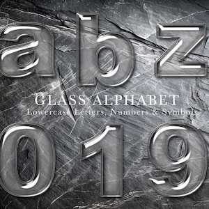 May include: Glass alphabet letters and numbers in lowercase. The letters a, b, and z are shown, along with the numbers 0, 1, and 9. The letters and numbers are on a dark gray textured background.