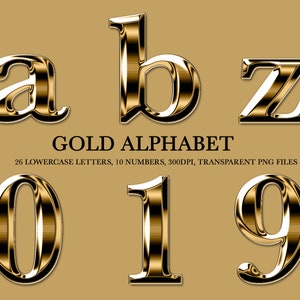 Letras cromadas doradas, alfabeto cromado dorado de la A a la Z, 26, 10 números dorados, archivo PNG, clipart, letras doradas, descarga instantánea, letras doradas metálicas