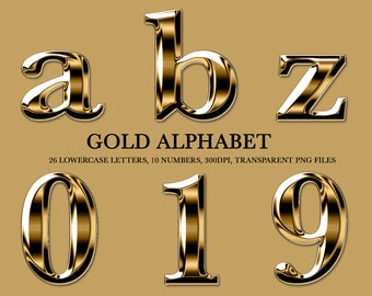 Gold Chrome Letters, a-z 26 Gold Chrome Alphabet, 10 Gold Numbers, PNG File, Clipart, Gold Letters, Instant Download, Metallic Gold Letters