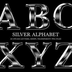 Letras plateadas cromadas, alfabeto plateado A-Z, PNG, clipart, letras plateadas, descarga instantánea, letras metálicas, archivos PNG, alfabeto plateado