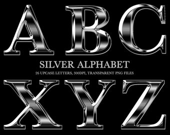 Silver Chrome Letters, A-Z Silver Alphabet, PNG, Clipart, Silver Letters, Instant Download, Metallic Letters, PNG Files, Silver Alphabet