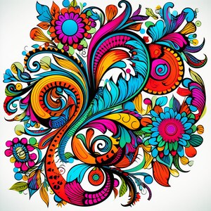 May include: A colorful abstract floral design with swirls and curls in shades of blue, red, yellow, orange, green, and pink.