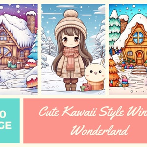 May include: A colorful illustration featuring three winter scenes with kawaii-style characters and houses covered in snow. The text "Cute Kawaii Style Winter Wonderland" is displayed below the images, along with "100 PAGE".