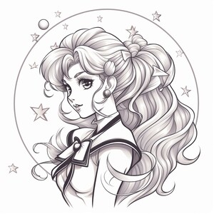 May include: A black and white line drawing of a young woman with long, flowing hair, wearing a sailor-style uniform. She is surrounded by stars.